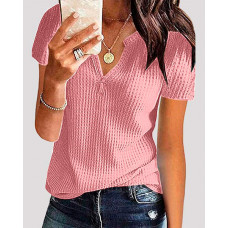 Notch Neck Waffle Knit Top - pink