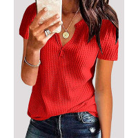 Notch Neck Waffle Knit Top - red