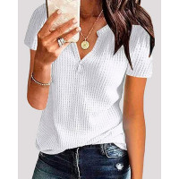 Notch Neck Waffle Knit Top - white