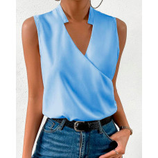 Notch Neck Wrap Sleeveless Blouse - blue