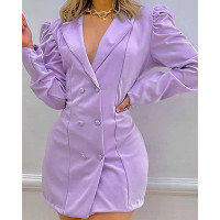 Notched Collar Puff Sleeve Double Breasted Bodycon Dress - purple