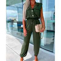 Notched Collar Sleeveless Cuffed Jumpsuit - green