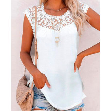 O Neck Crochet Lace Patch Sleeveless Top - white