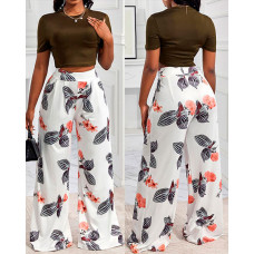 O-neck Crop Top & Floral Print Wide Leg Pants Set - Army green