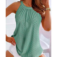 O-Neck Eyelet Embroidery Ruched Top - green