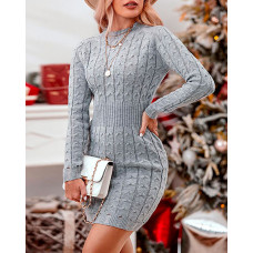 O Neck Long Sleeve Bodycon Braided Sweater Dress - gray