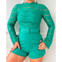 O Neck Long Sleeve Guipure Lace Top & Shorts Set With Belt - green