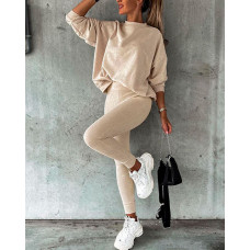 O-Neck Plain Casual Top & Sweatpants Set - beige