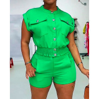 O-Neck Pocket Design Buttoned Shirred Top & Shorts Set - green