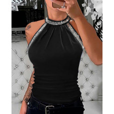 O-Neck Sleeveless Contrast Sequin Ruched Tank Top - black