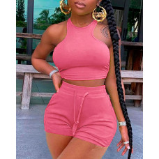 O-Neck Sleeveless Crop Top & Drawstring Shorts Set - pink