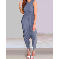 O Neck Sleeveless Ruched Harem Jumpsuit - gray