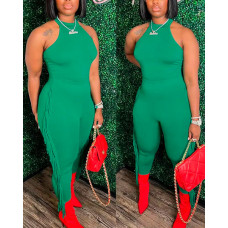 O-Neck Sleeveless Tank Top & Tassel Design Pants Set - green