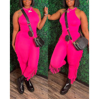 O-Neck Sleeveless Tank Top & Tassel Design Pants Set - hot pink