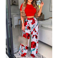 O-neck Top & Floral Print Wide Leg Pants Set - red