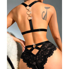 O-Ring Bowknot Decor Lace Lingerie Set - black