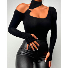 O-Ring Cold Shoulder Long Sleeve Top - black