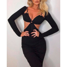 O-Ring Cutout Long Sleeve Bodycon Dress - black