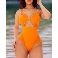 O-Ring Cutout V Neck Mesh Patch One-Piece Swimsuit - orange