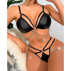 O-Ring Decor Chain Strap Hollow Out Lingerie Set - black