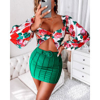 O-Ring Decor Floral Print Lantern Sleeve Bodysuit & Skirt Set - white