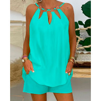 O-Ring Decor Sleeveless Top & Shorts Set - green