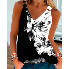 O-Ring Floral Print Colorblock Tank Top - black