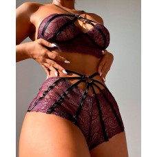 O-Ring Link Lace Lingerie Set - Wine red