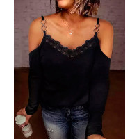 O-Ring Linked Contrast Lace Cold Shoulder Top - black