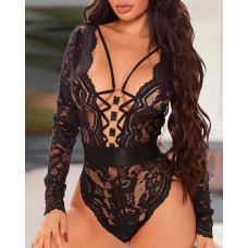 O-Ring Plunging Neck Backless Lace Teddy - black