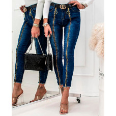 O-Ring Zipper Decor Skinny Jeans - dark blue