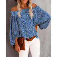 Off Shoulder Allover Print Lantern Sleeve Top - blue