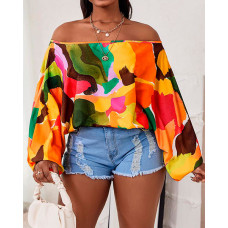 Off Shoulder Allover Print Lantern Sleeve Top - Multicolor