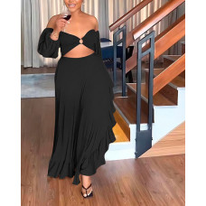 Off Shoulder Backless Ruffle Hem Evening Dress - black