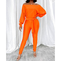 Off Shoulder Batwing Lantern Sleeve Jumpsuit With Belt - orange