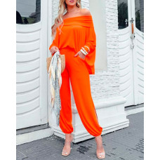 Off Shoulder Batwing Sleeve Top & Pants Set - orange