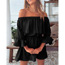 Off Shoulder Bell Sleeve Casual Dress - black