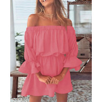 Off Shoulder Bell Sleeve Casual Dress - pink