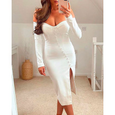 Off Shoulder Button Decor High Slit Dress - white