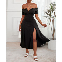 Off Shoulder Button Front High Slit Dress - black