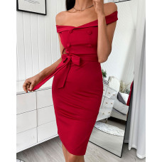 Off Shoulder Buttoned Tied Detail Slit Work Dress - red