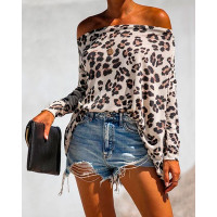 Off Shoulder Cheetah Print Long Sleeve Top - white