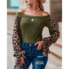 Off Shoulder Cheetah Print Waffle Knit Top - Army green