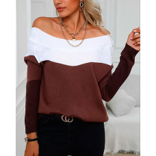 Off Shoulder Colorblock Long Sleeve Sweater - coffee