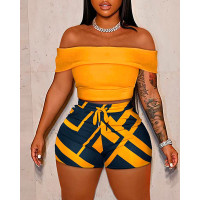 Off Shoulder Crop Top & Geometric Print Shorts Set - yellow