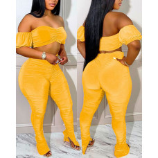 Off Shoulder Crop Top & Ruched Split Hem Pants Set - yellow