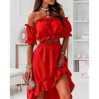 Off Shoulder Crop Top & Ruffles Dip Hem Skirt Set - red