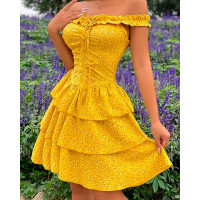 Off Shoulder Ditsy Floral Print Frill Hem Dress - yellow