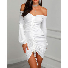 Off Shoulder Drawstring Design Dress - white