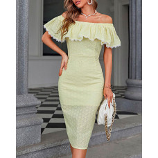 Off Shoulder Eyelet Embroidery Lace Trim Casual Dress - yellow